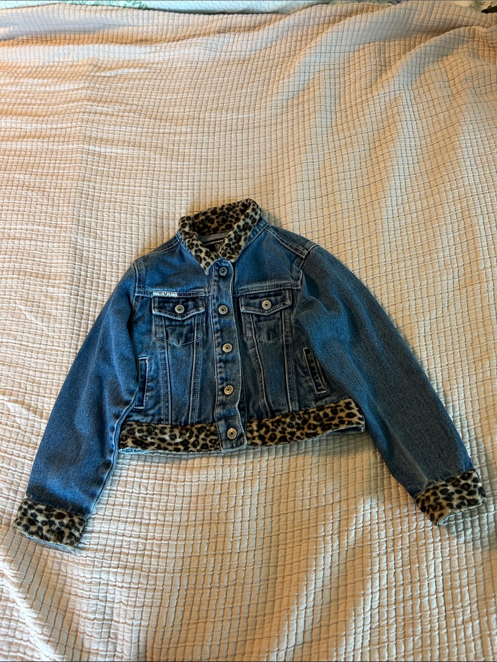 Guess Denim Jacket with Leopard Trim - Blue & Brown